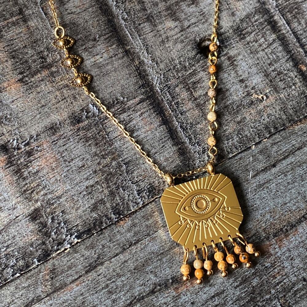 NEW Gold Evil Eye & Stone Pendant Necklace - Picture 7 of 8